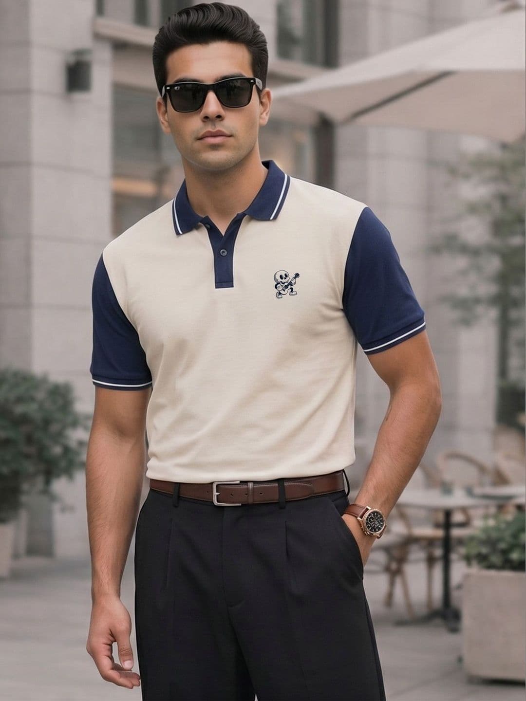 VEIRDO Men Swanwhite Pique Half Sleeve Polo Tshirt Printed Collar Regular Fit T-shirt - view 1
