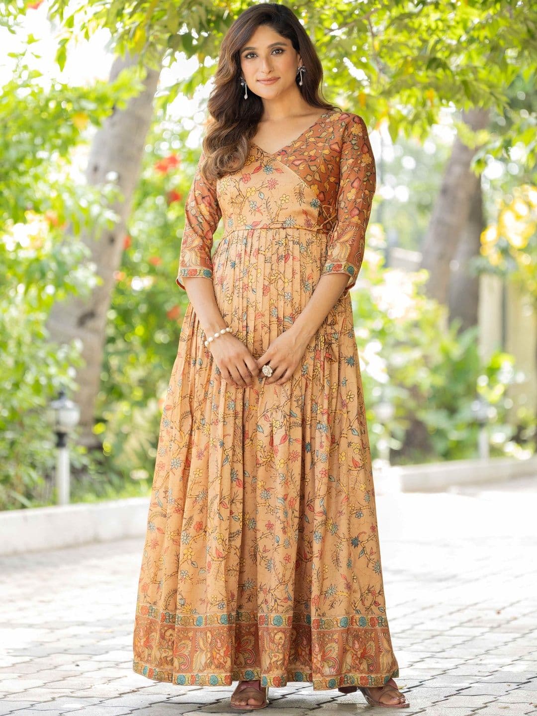 House of Pataudi Printed V-Neck Fit and Flare Ethnic Dresses - view 1