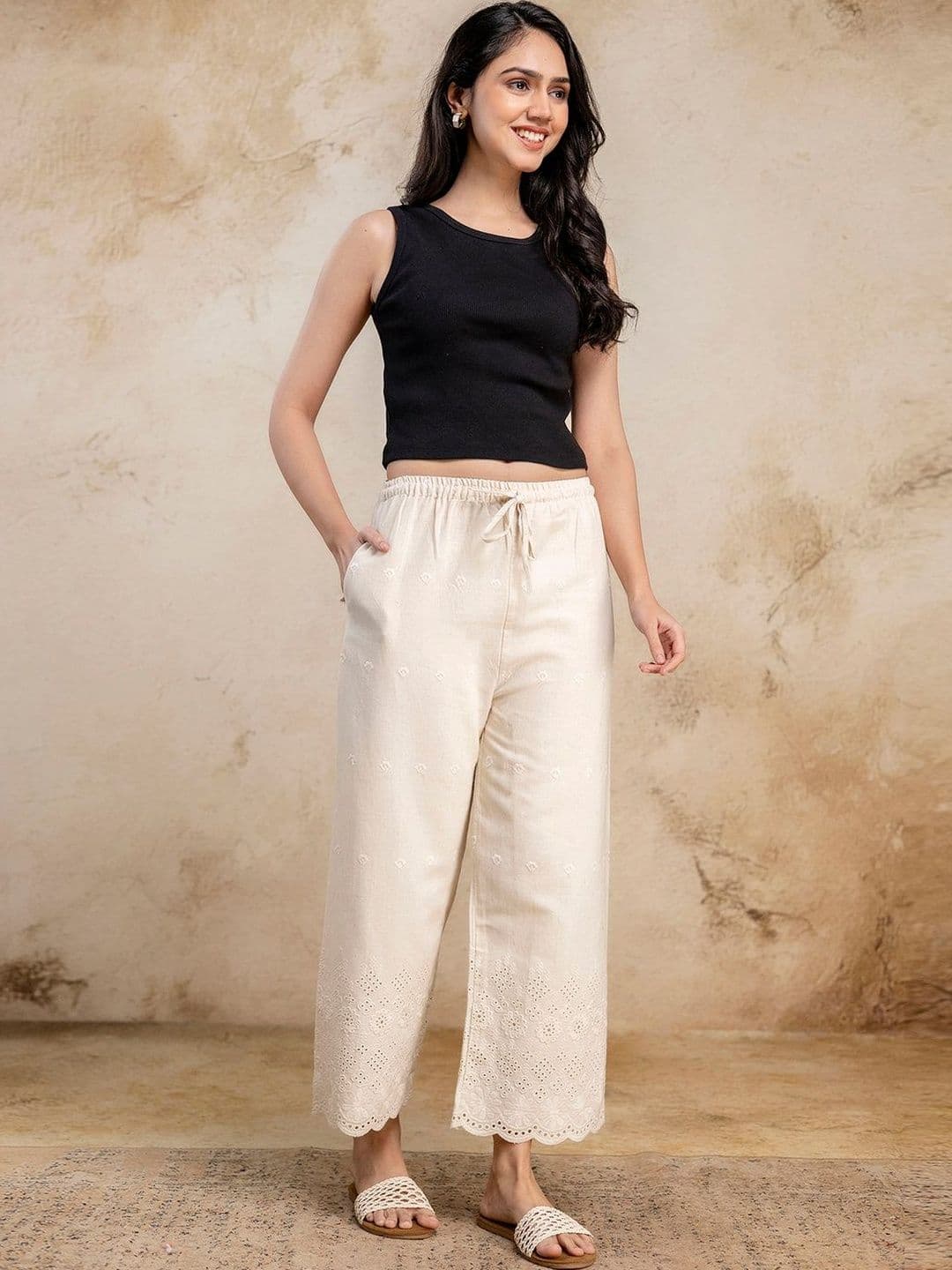 FERANOID Women Embroidered Knitted Cropped Ethnic Palazzos - view 1
