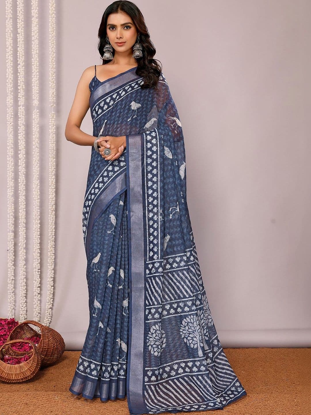 Mitera Ethnic Motifs Linen Blend Handloom Saree - view 1