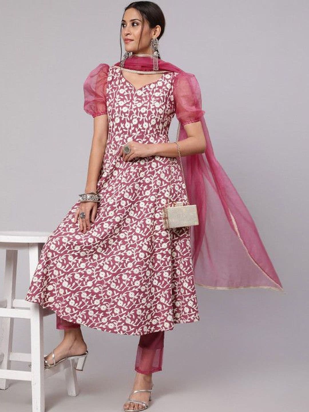 Sangria Floral Embroidered V-Neck Kurti & Trousers With Dupatta - view 1