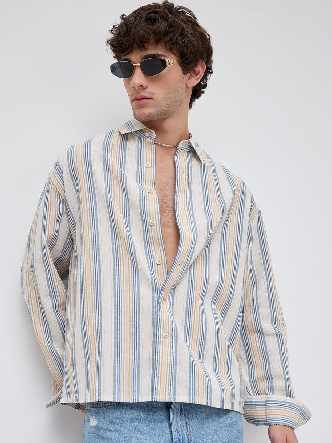 VASTRADO Ornate Multicolor Striped Linen Blend Boxy Fit Crop Shirt - view 1