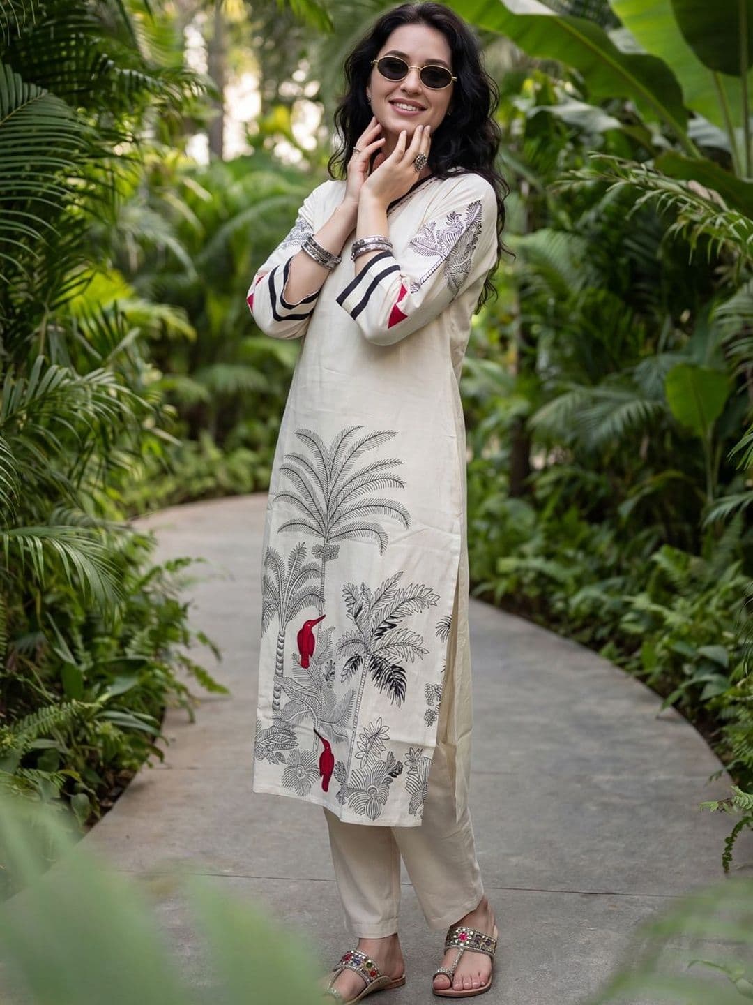 Indo Era Women Ethnic Motifs Printed Regular Thread Work Kurta with Trousers - view 1