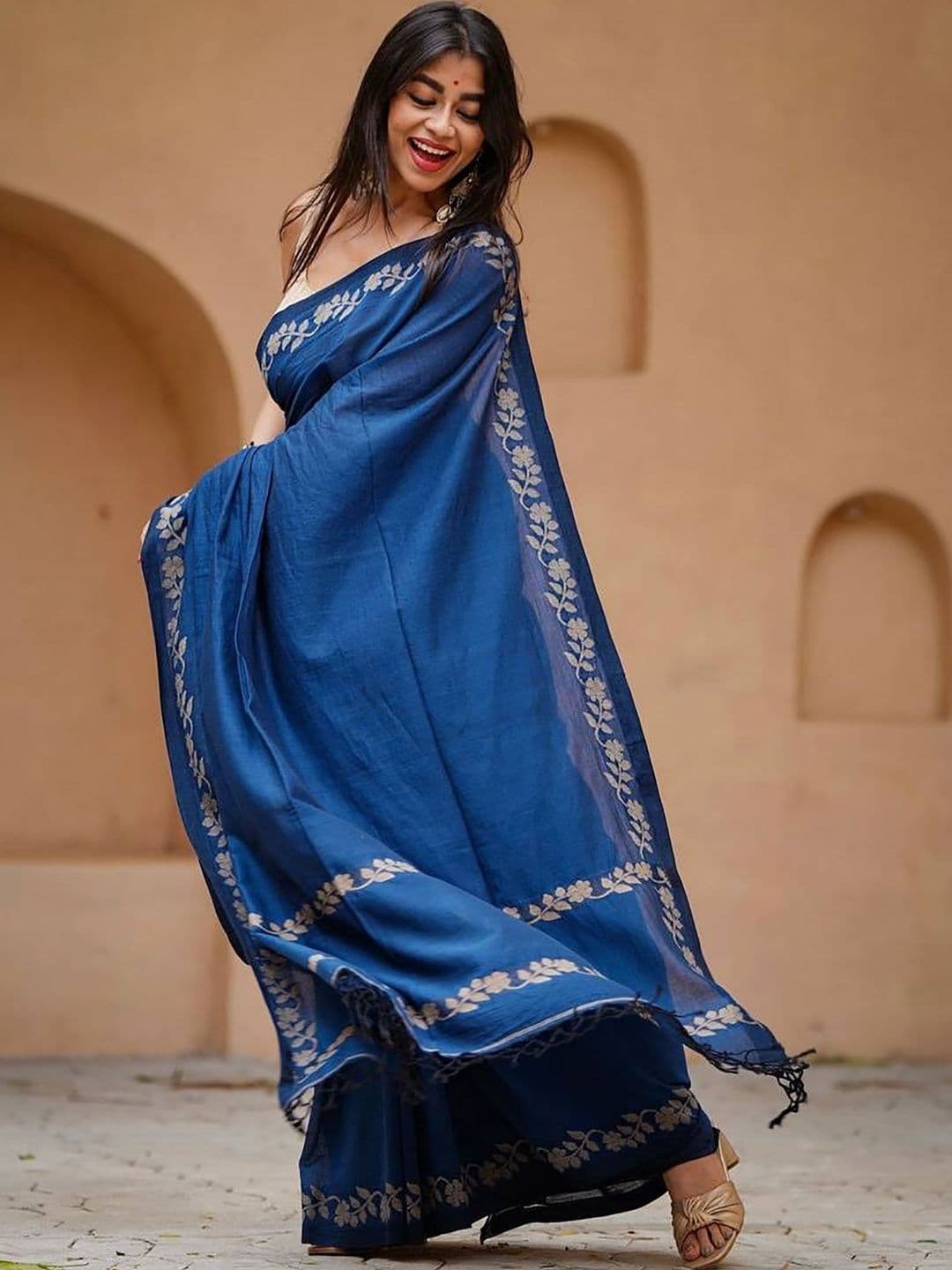 Dhaaga Ghar Floral Embroidered Linen Blend Handloom Block Print Saree - view 1