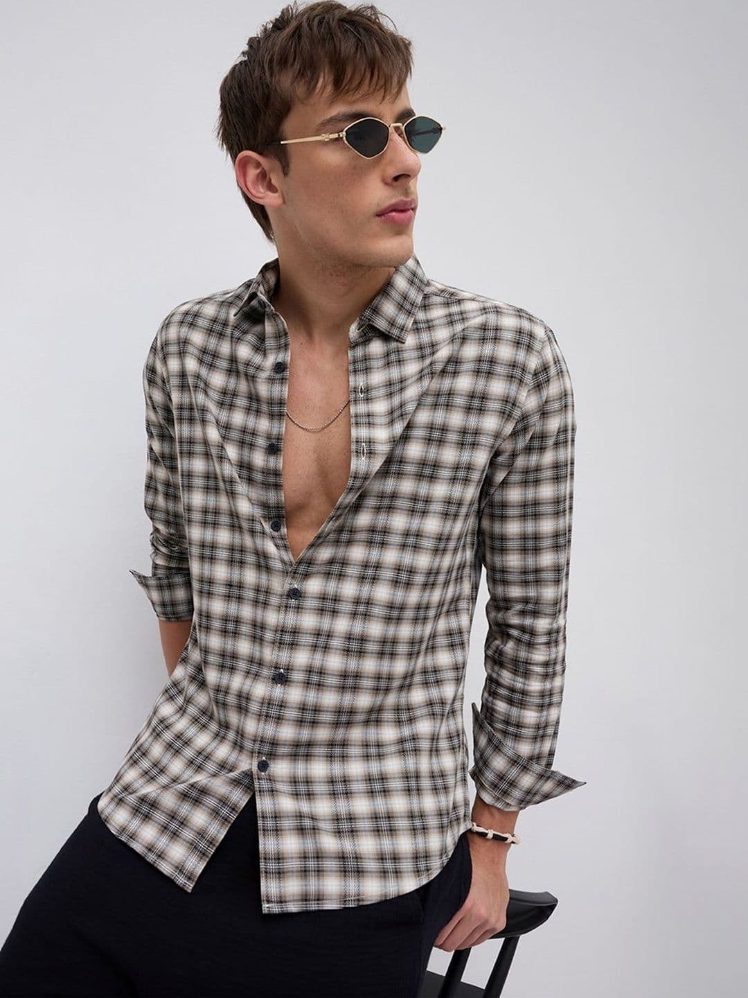 VASTRADO Beige & Black Interlock Plaid Checks Textured Shirt - view 1