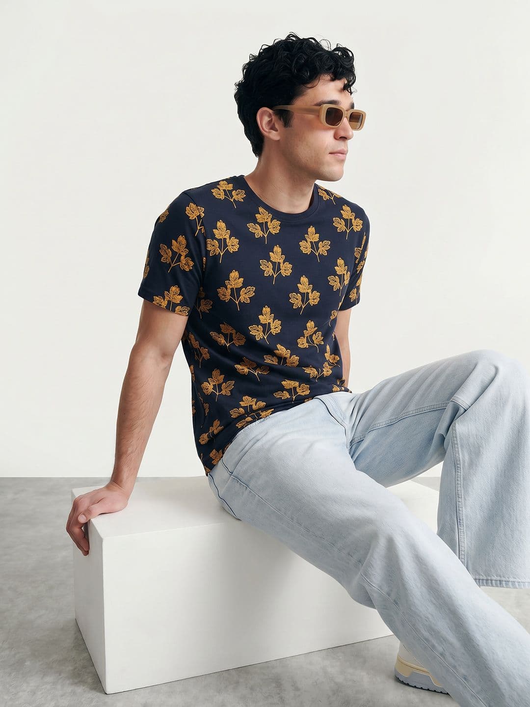 Mast & Harbour Men Navy Blue & Mustard Yellow Printed Round Neck T-shirt - view 1