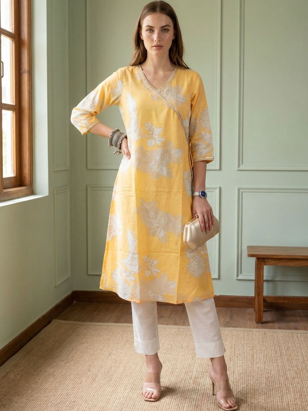 Sangria Printed Cotton V-Neck Calf Length A-Line Kurtas - view 1