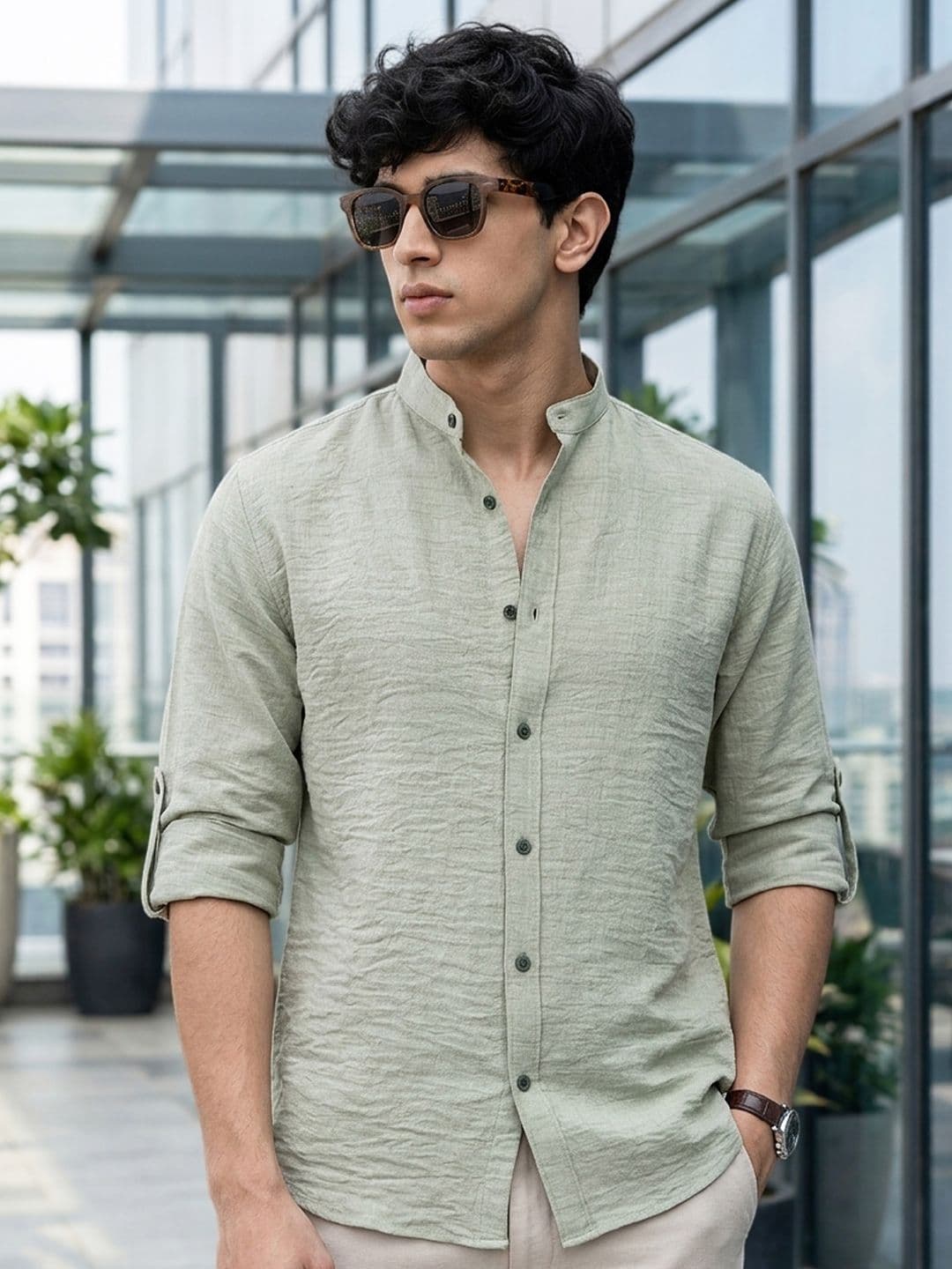 Urbano Fashion Men Beige Solid Linen Full Sleeve Relaxed Fit Mandarin Collar Casual Shirt - view 1