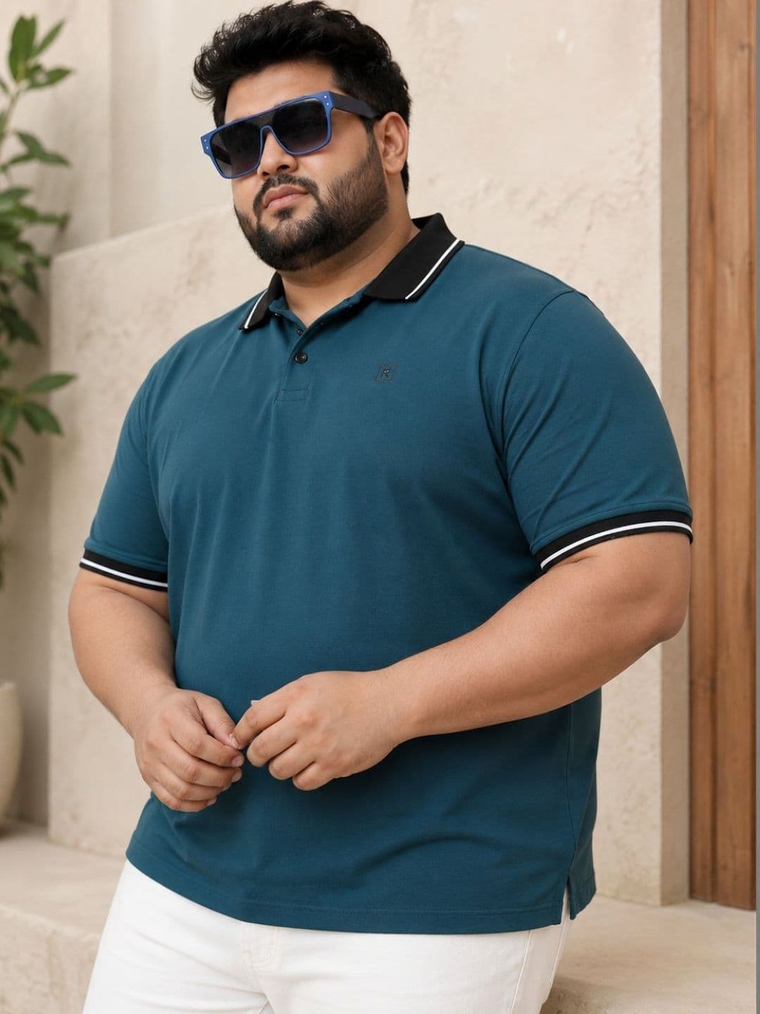 Sztori Men Plus Size Solid Teal Polo Collar Half Sleeve Cotton T-Shirt - view 1