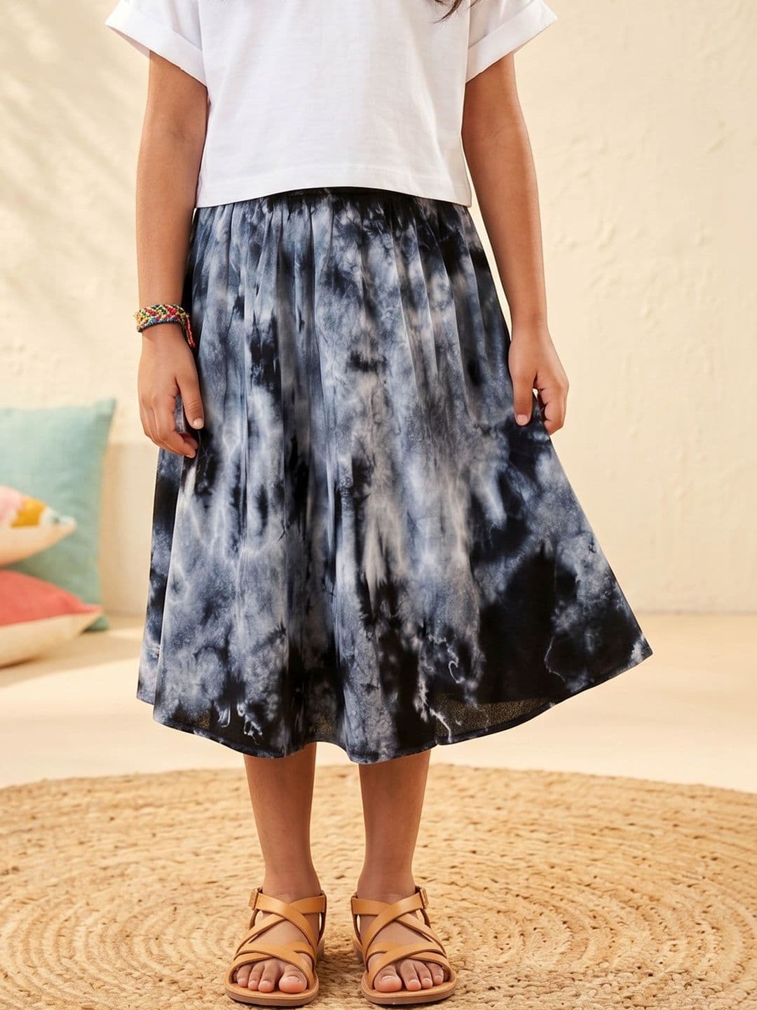 KiddoPanti Girls Cotton Cambric Tie and Dye Midi A-Line Skirt - view 1