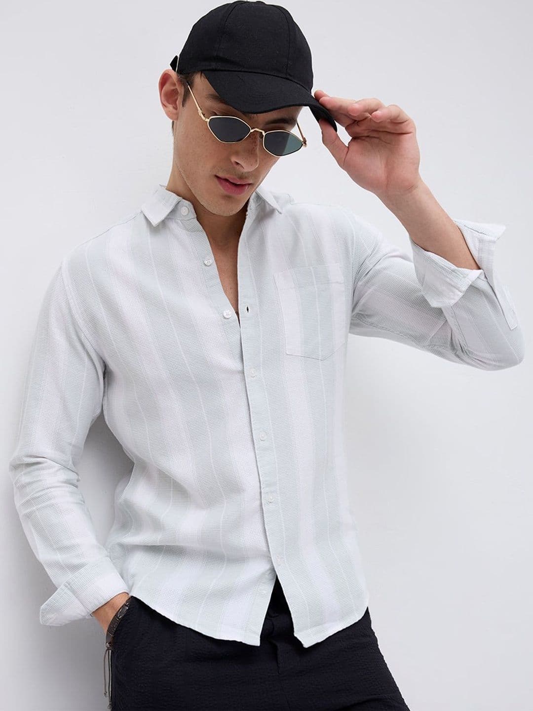 VASTRADO Sage Mist Textured Vertical Striped Resort Shirt - view 1