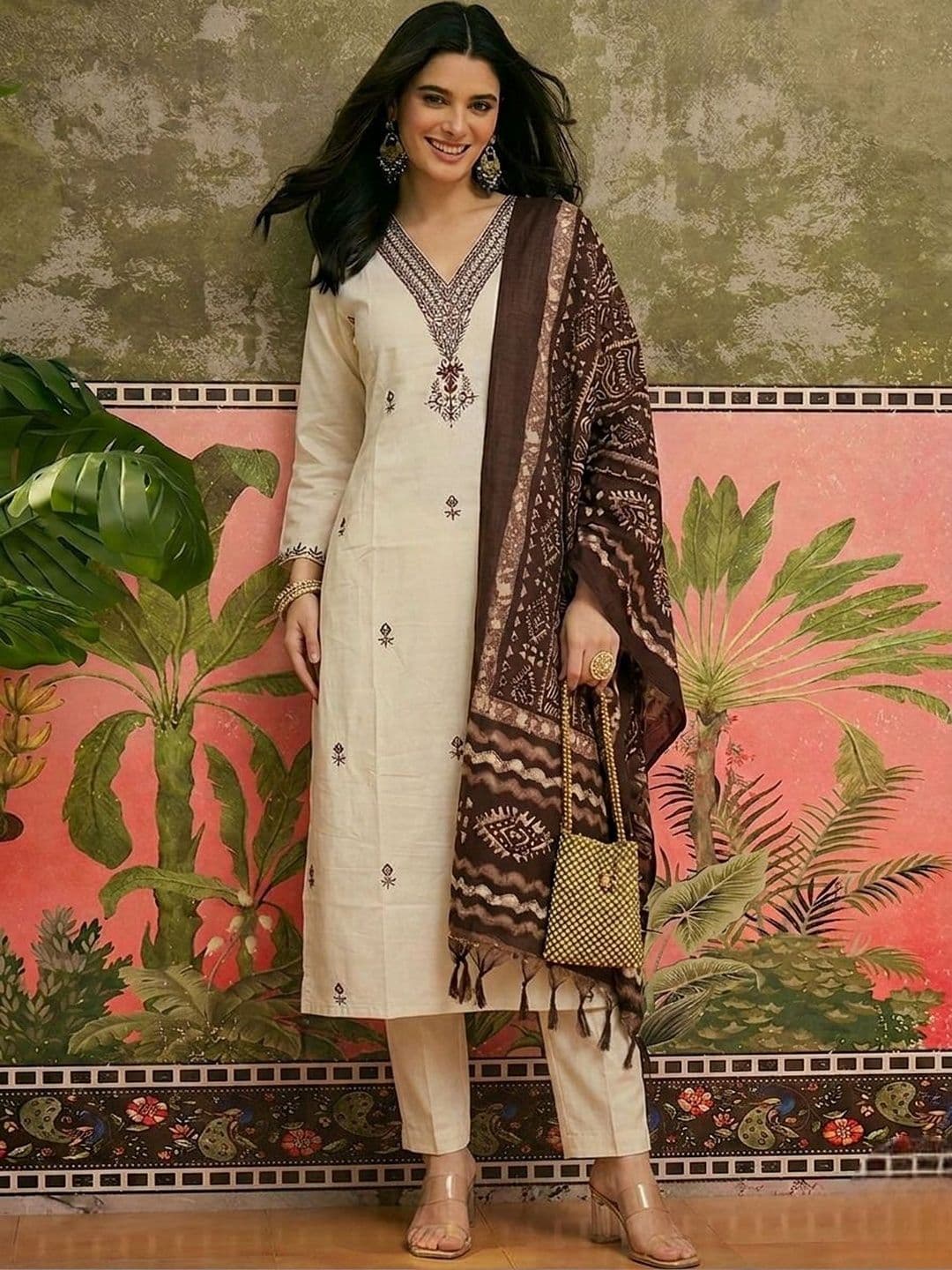 Sangria Embroidered Pure Cotton V-Neck Kurta & Trousers With Dupatta - view 1