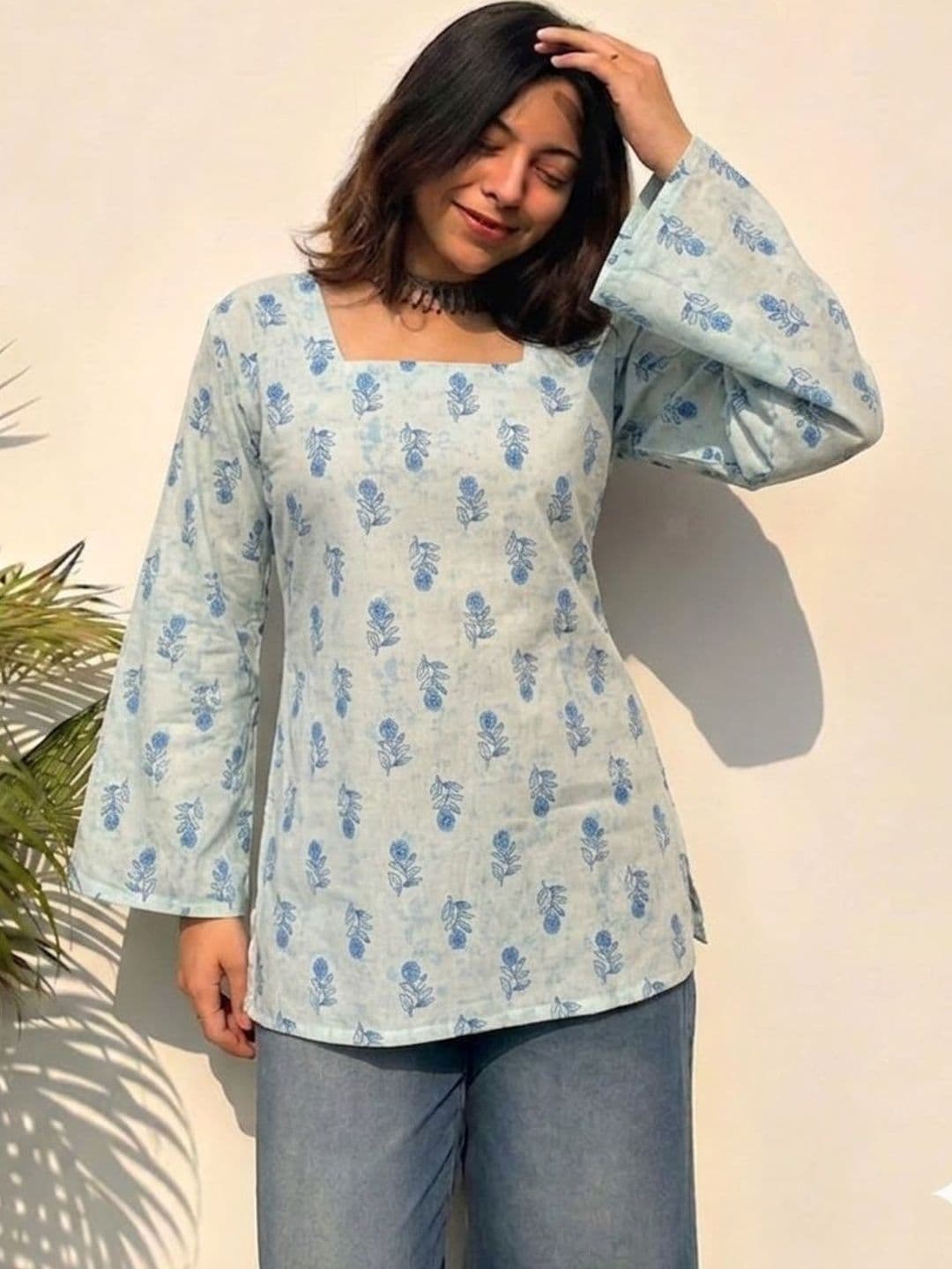 JAHIDA COMFORT WITH STYLE Floral Printed Square Neck Flared Sleeves Pure Cotton Kurti - view 1