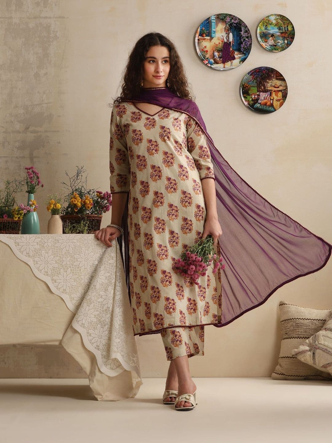 Khushal K Women Ethnic Motifs Printed Regular Pure Cotton Kurta with Trousers & With Dupatta - view 1