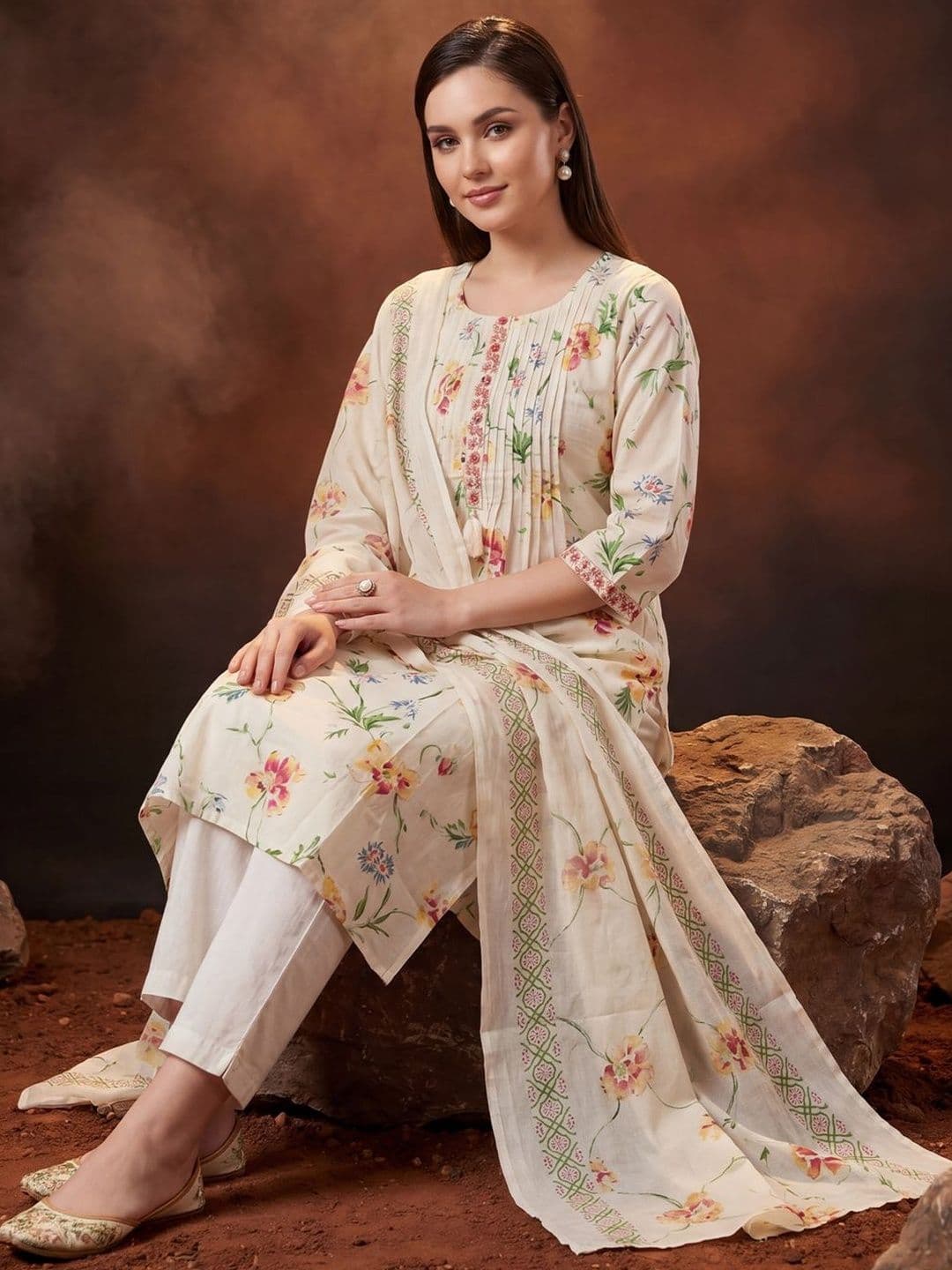 Indo Era Women Floral Printed Pleated Thread Work Pure Cotton Kurta with Trousers & With Dupatta - view 1