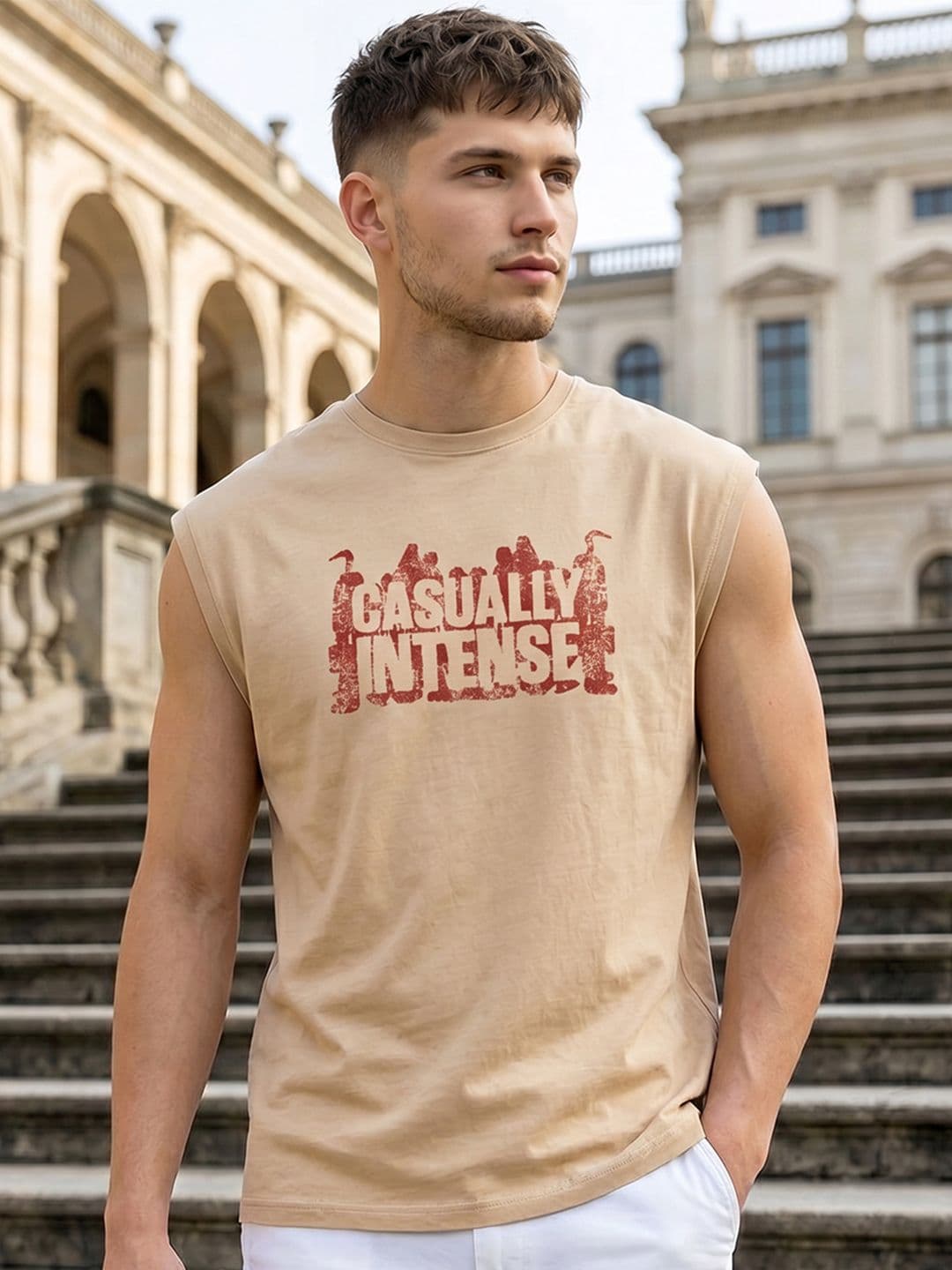 Bewakoof Men's Ginger Root Brown Casually Intense Typography Boxy Fit Vest - view 1