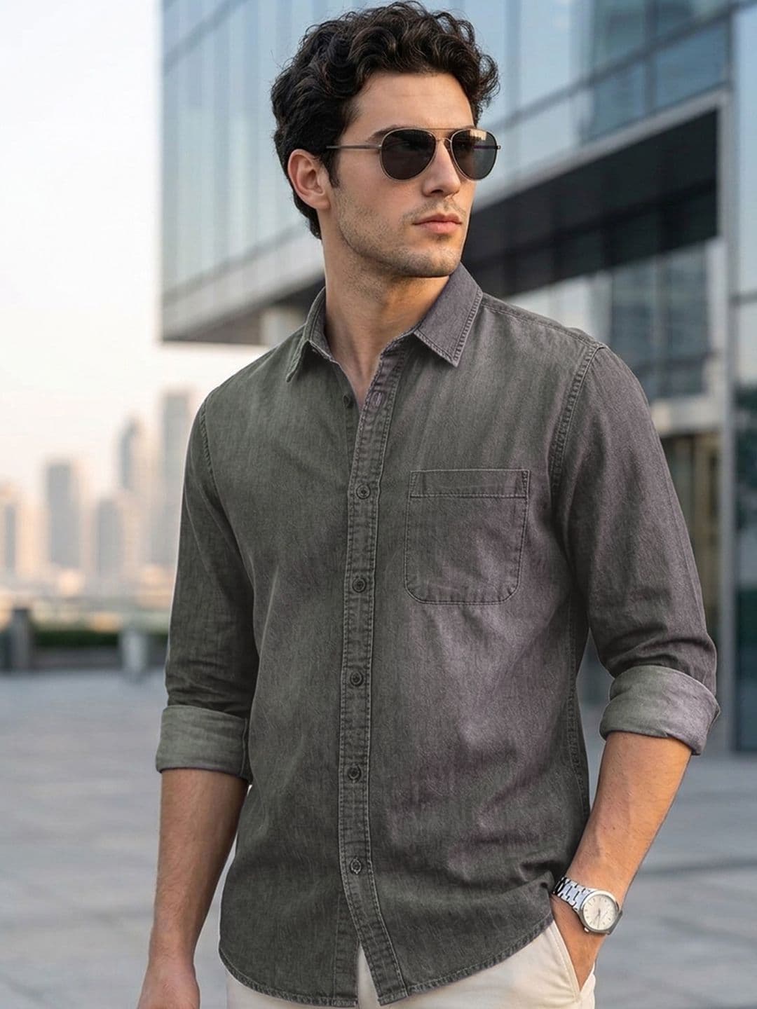 Urbano Fashion Men Spread Collar Solid Denim Casual Shirt - view 1