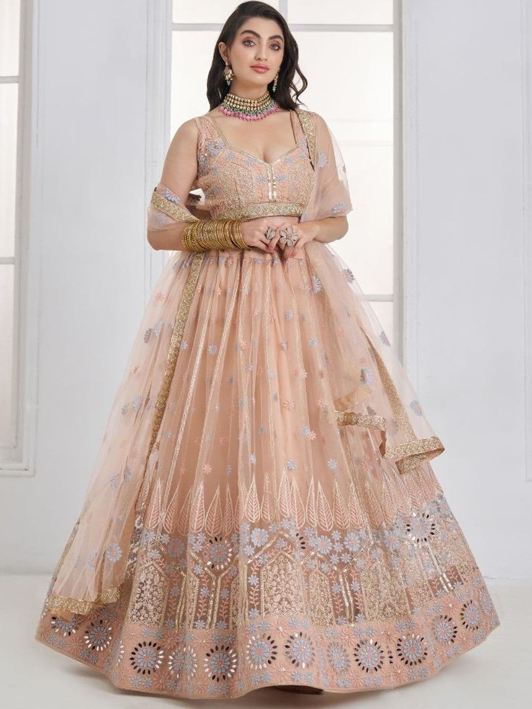 Ethniqlo Embroidered Mirror Work Semi-Stitched Lehenga & Blouse With Dupatta - view 1