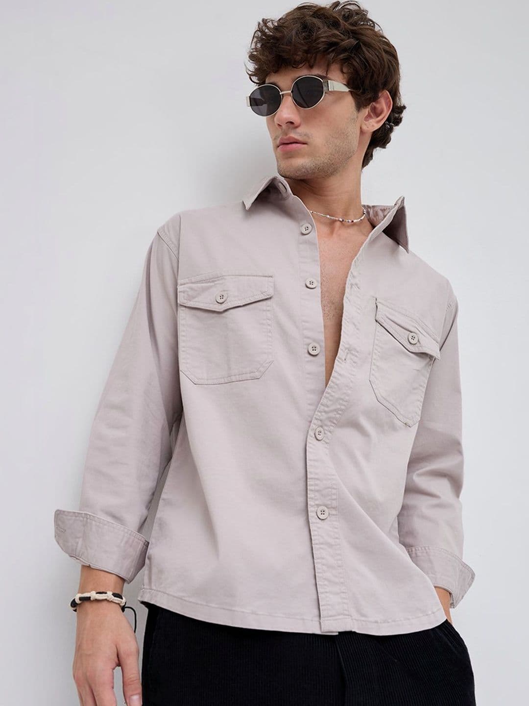 VASTRADO Solid Bone Grey Double Pocket Overshirt - view 1