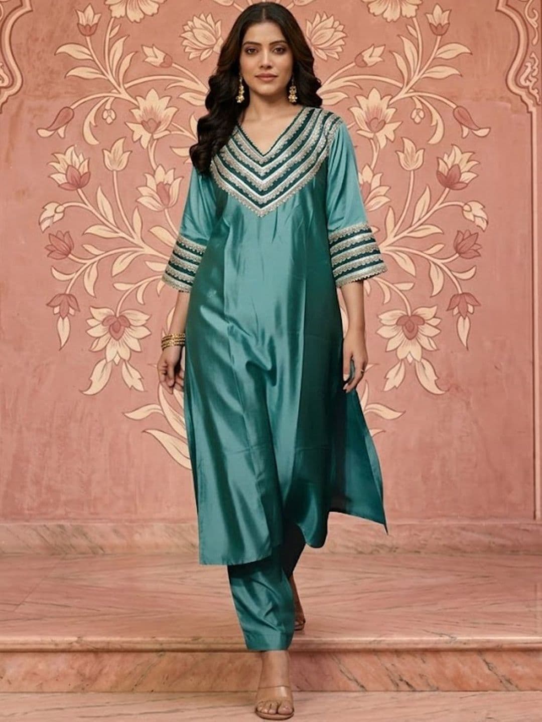 NAVYAAZRI Women Ethnic Motifs Embroidered Regular Thread Work Kurta with Trousers - view 1