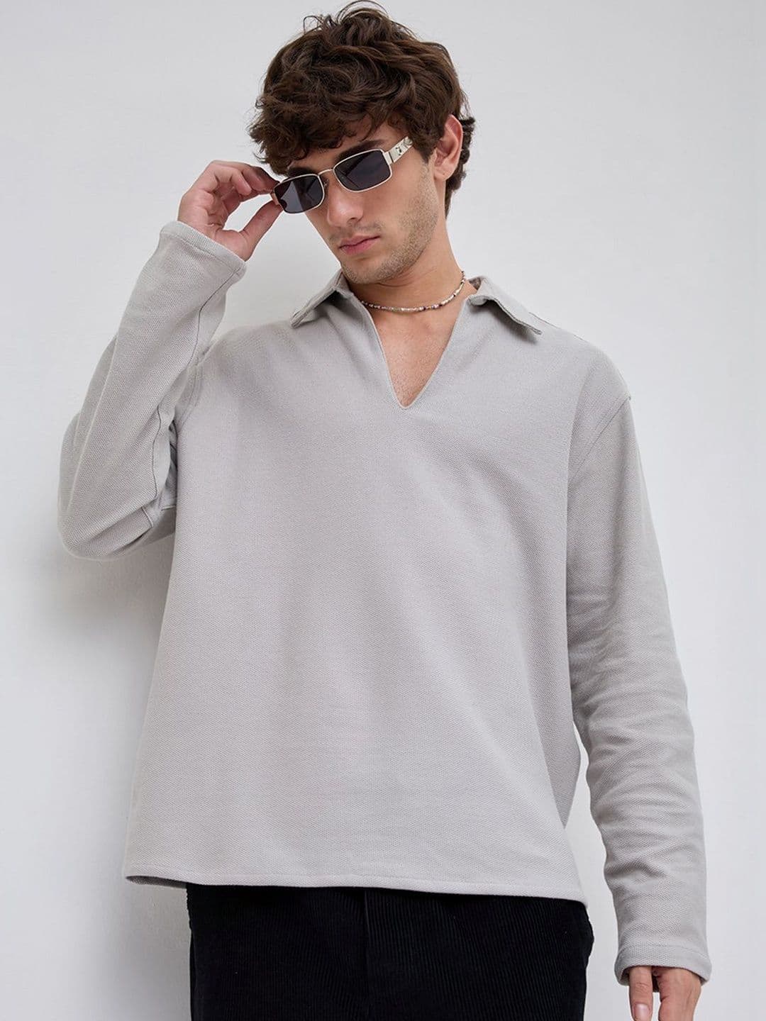 VASTRADO Grey Honeycomb Textured Knitted Oversized Polo Shirt - view 1
