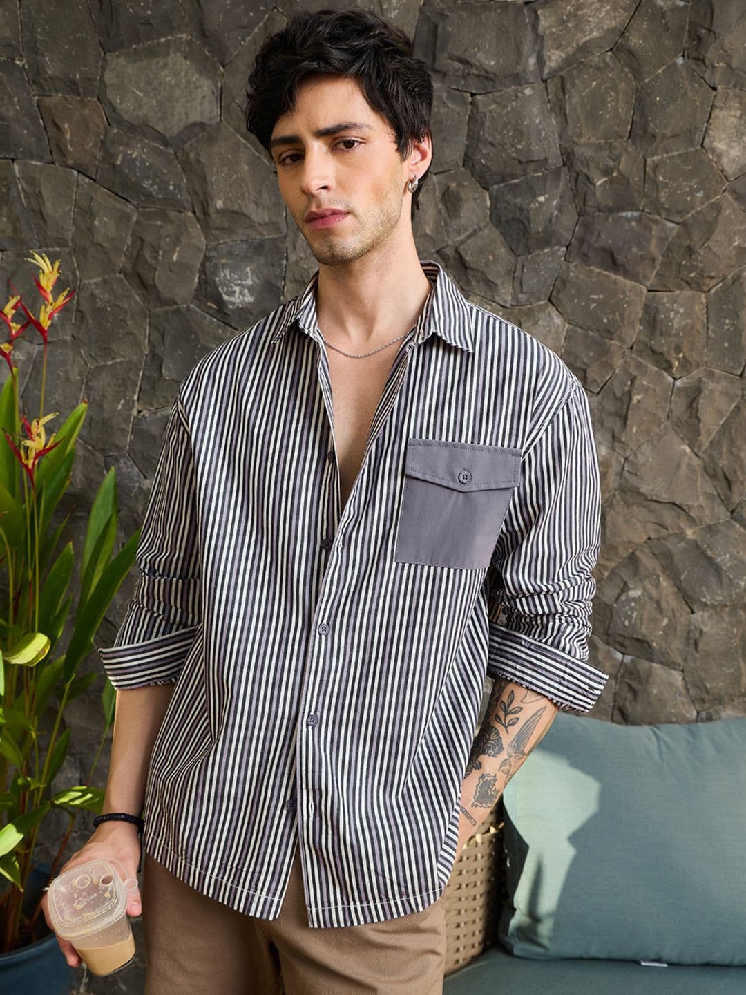 The Souled Store Men Relaxed Fit Striped Grey Shirts - view 1