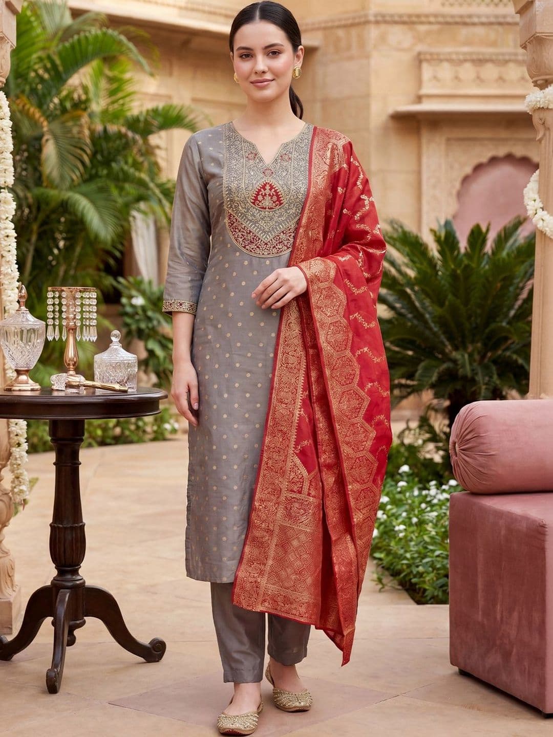 Indo Era Women Ethnic Motifs Printed Regular Thread Work Kurta with Trousers & With Dupatta - view 1