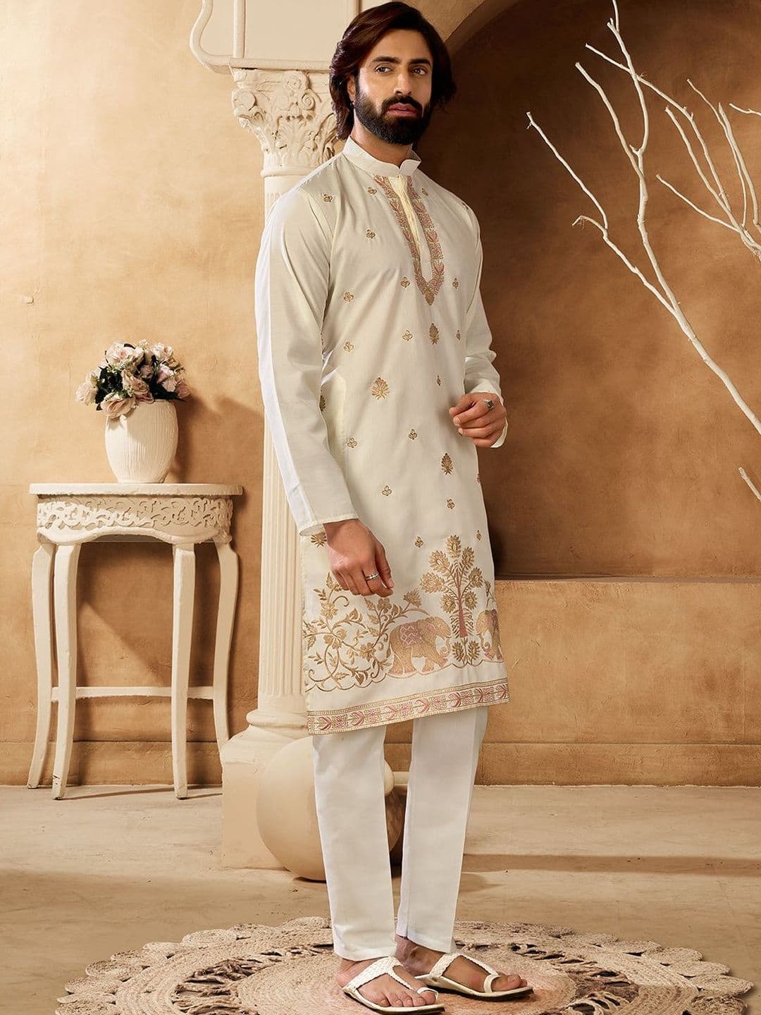 House of Pataudi Embroidered Cotton Mandarin Collar Knee Length Straight Kurtas - view 1