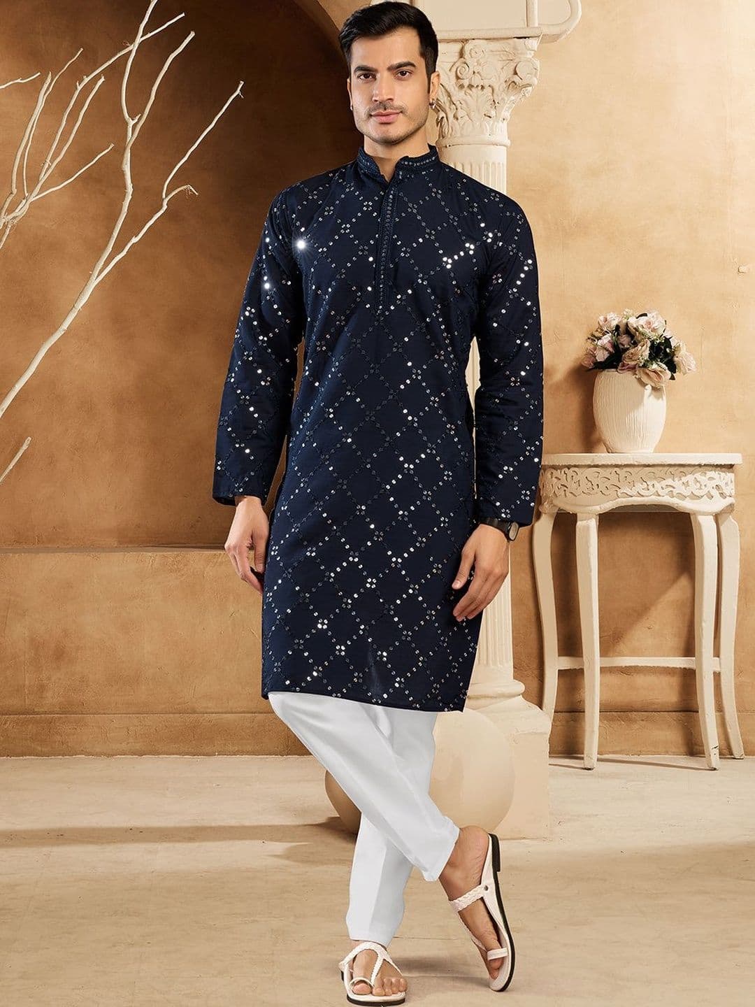 House of Pataudi Embellished Cotton Mandarin Collar Knee Length Straight Kurta - view 1