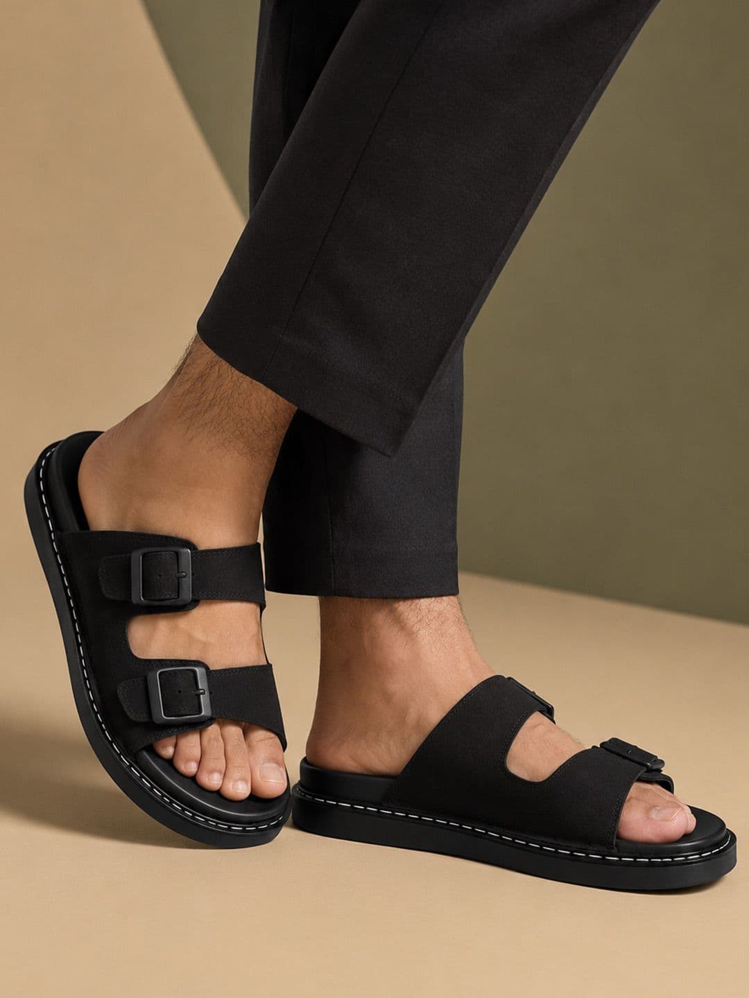 San Frissco Men Black Double Buckle Strap Sandals With Durable Sole And Comfort Insole - view 1