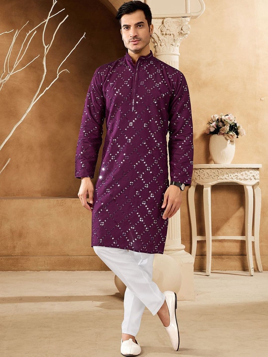 House of Pataudi Embellished Cotton Mandarin Collar Knee Length Straight Kurta - view 1