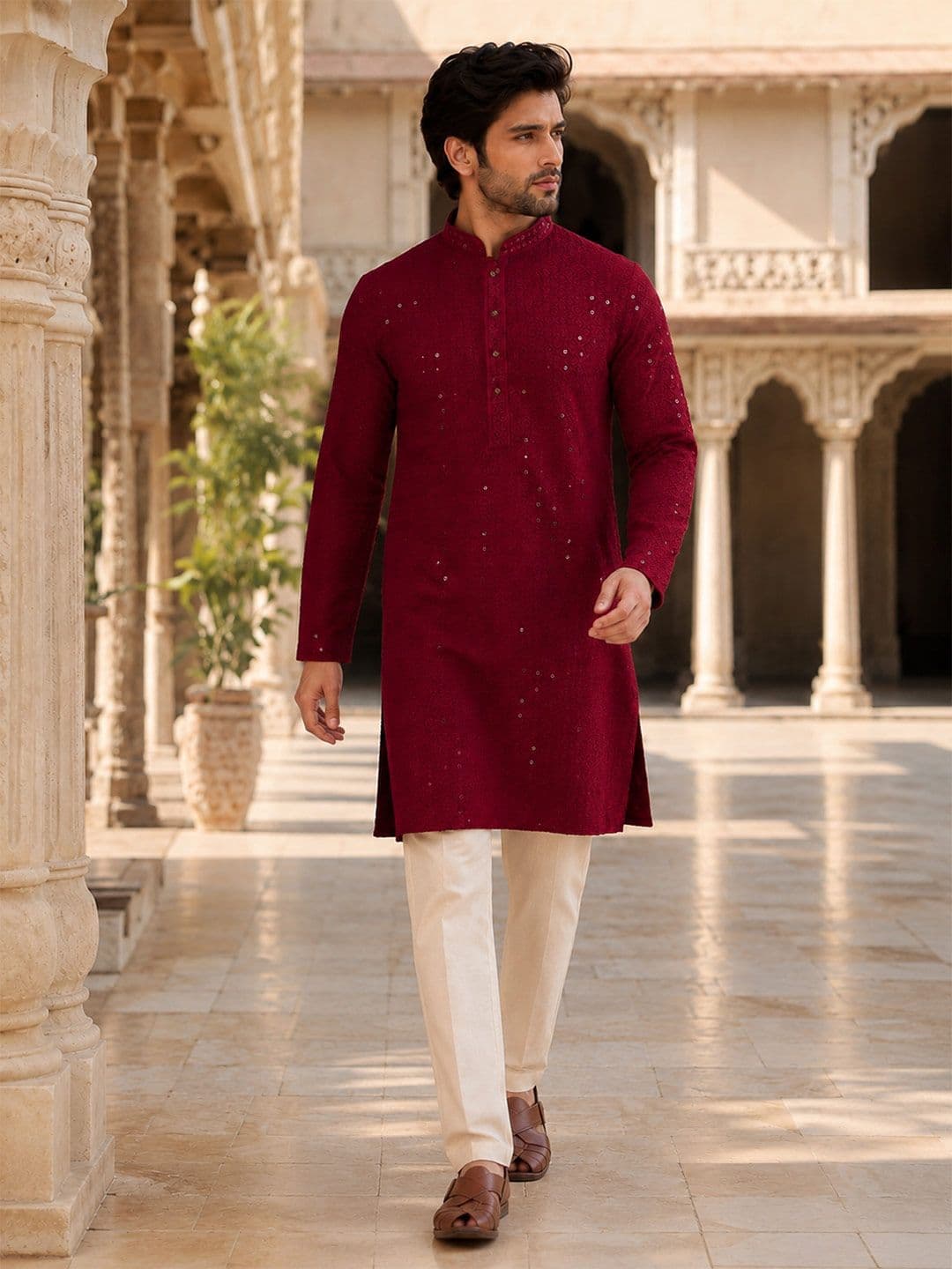 HERE&NOW Ethnic Motifs Embroidered Sequinned Straight Kurta - view 1