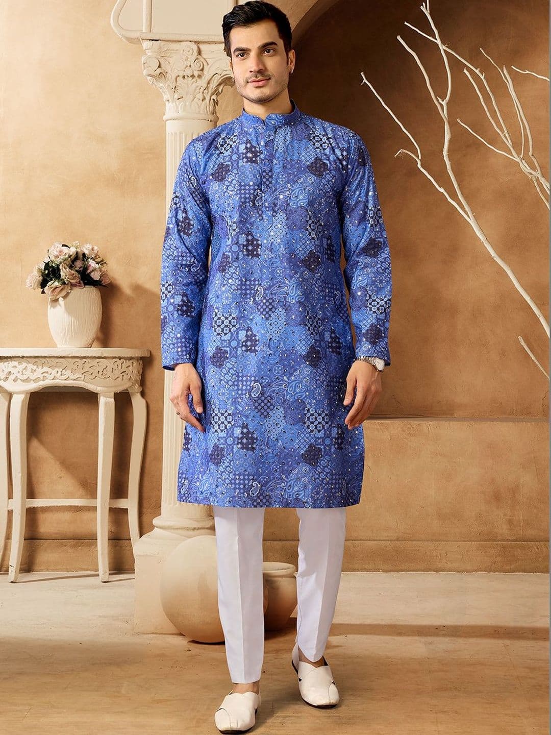 House of Pataudi Printed Cotton Mandarin Collar Knee Length Straight Kurtas - view 1