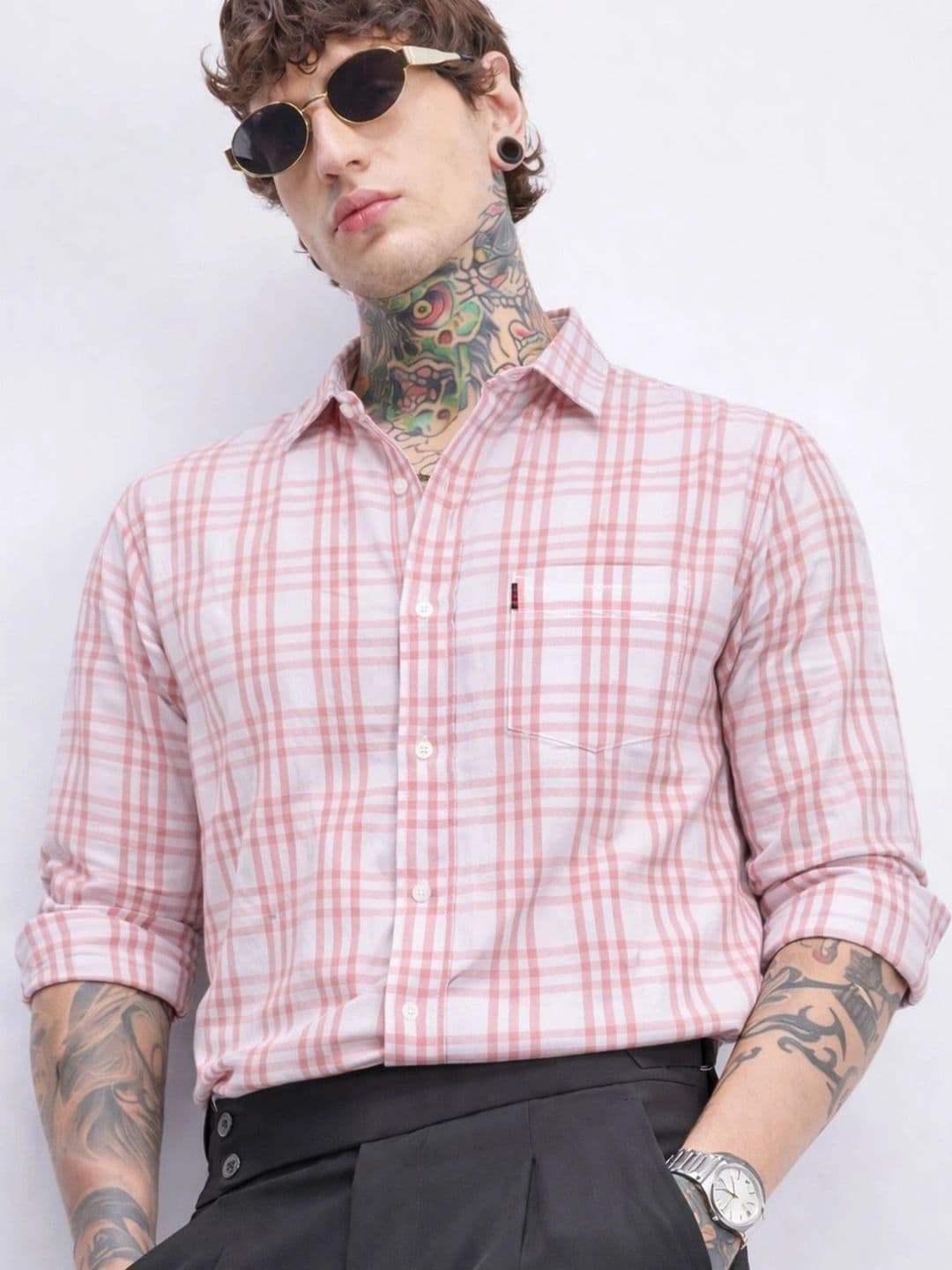 Klub Fox Tartan Checked Spread Collar Slim Fit Cotton Shirt - view 1
