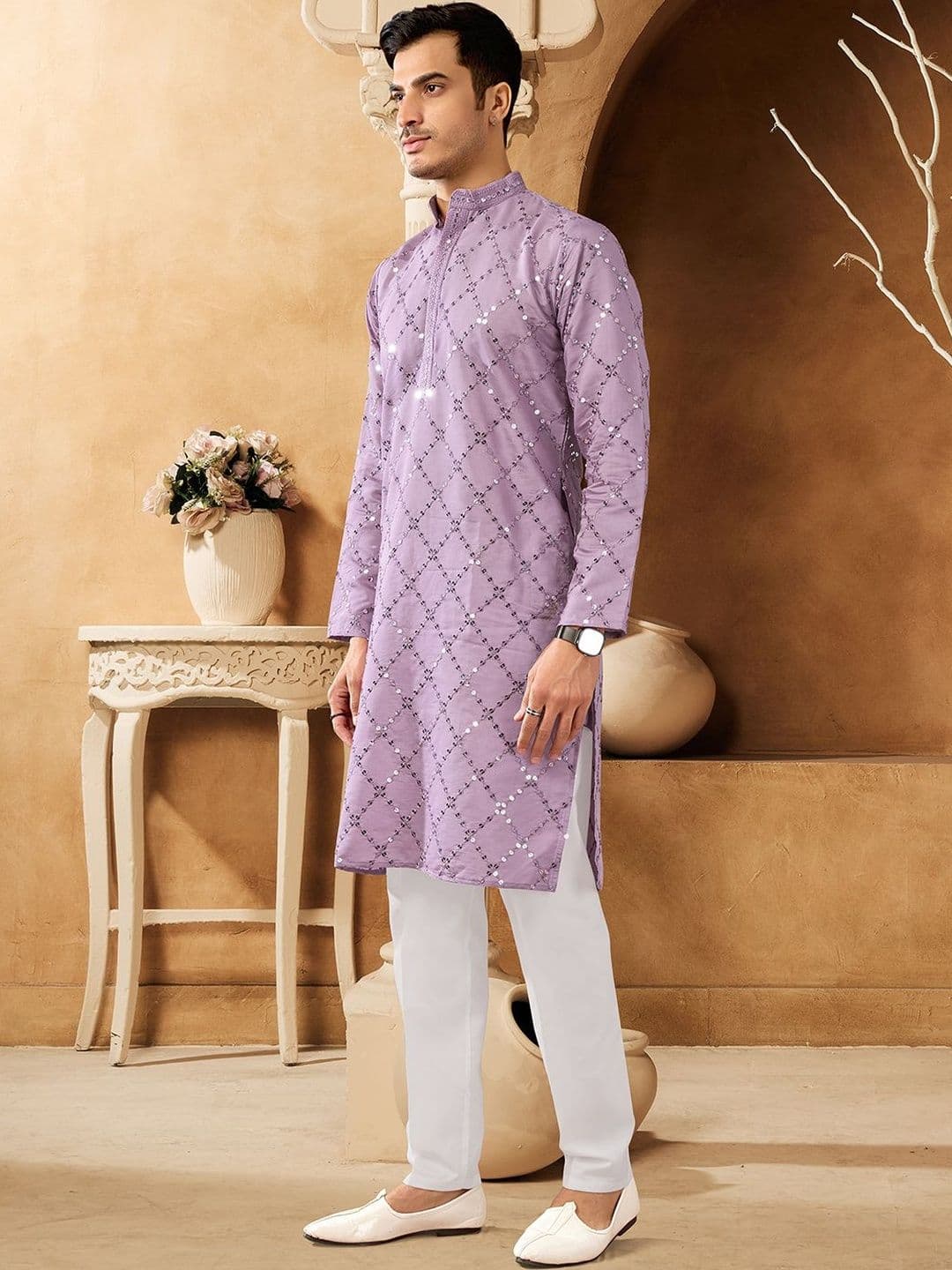 House of Pataudi Embellished Cotton Mandarin Collar Knee Length Straight Kurta - view 1