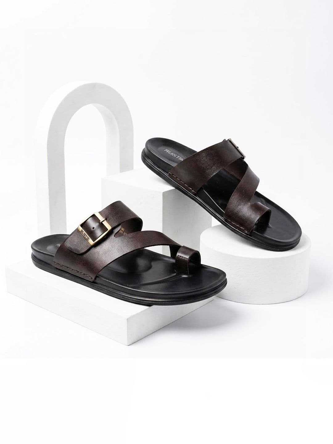RUSTIK Men Brown Textured Synthetic Leather Toe-Ring Comfort Sandals With Buckle Strap - view 1