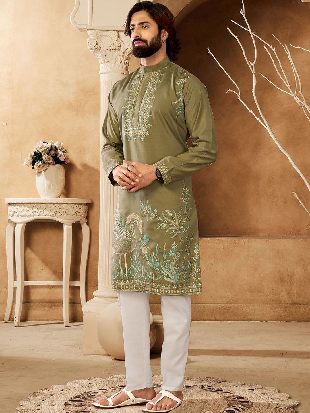 House of Pataudi Embroidered Cotton Mandarin Collar Calf Length Straight Kurta - view 1
