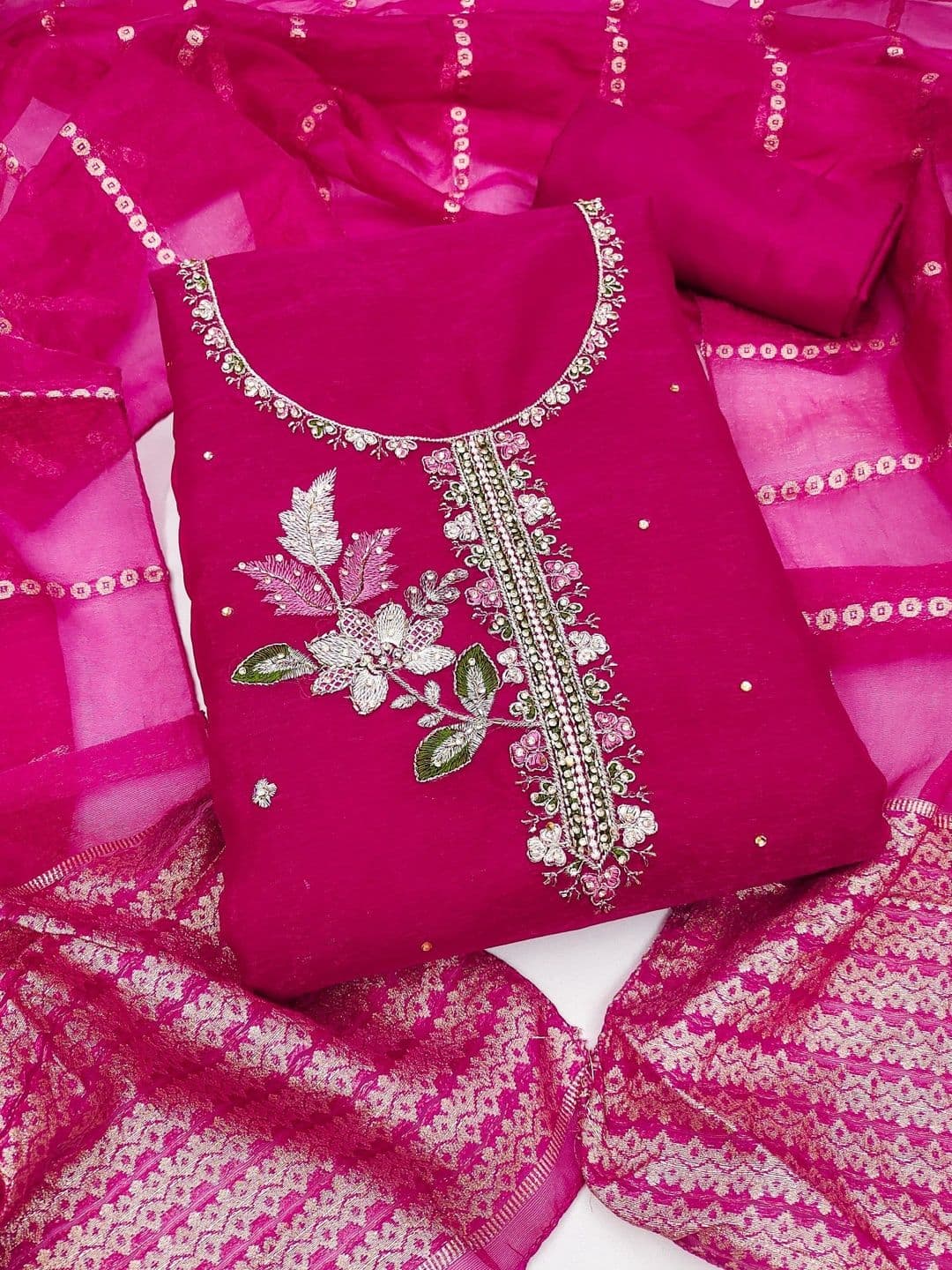 Dhaaga Ghar Floral Embroidered Beads and Stones Unstitched Dress Material - view 1