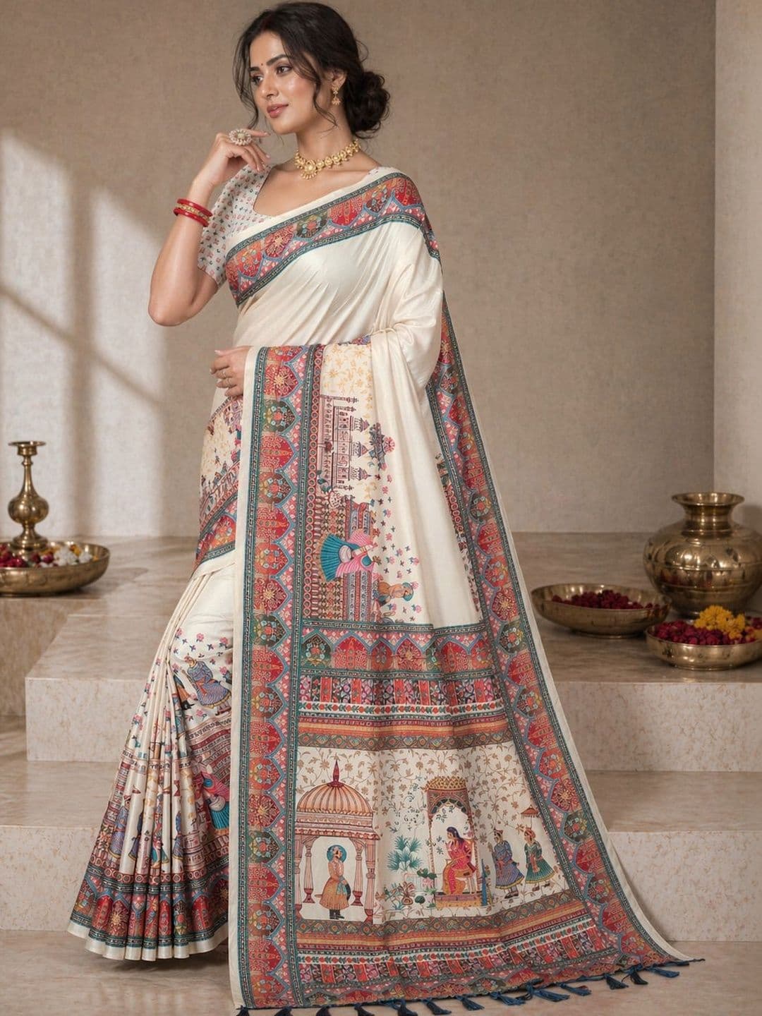 House of Pataudi Printed Tussar Sarees With Blouse Piece - view 1