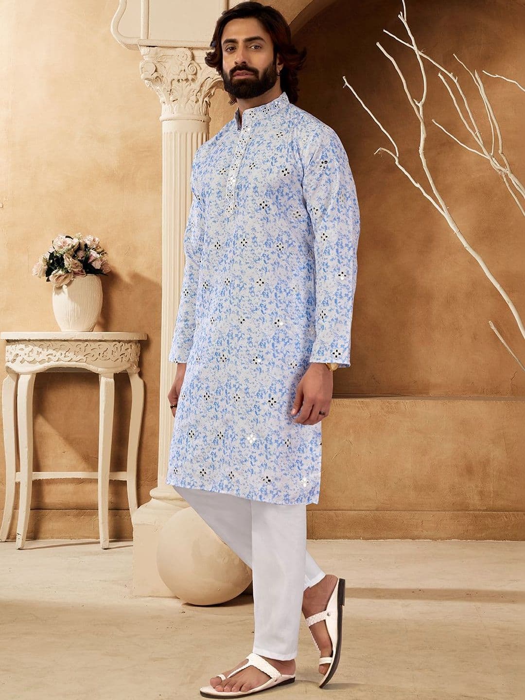 House of Pataudi Embellished Cotton Mandarin Collar Calf Length Straight Kurtas - view 1