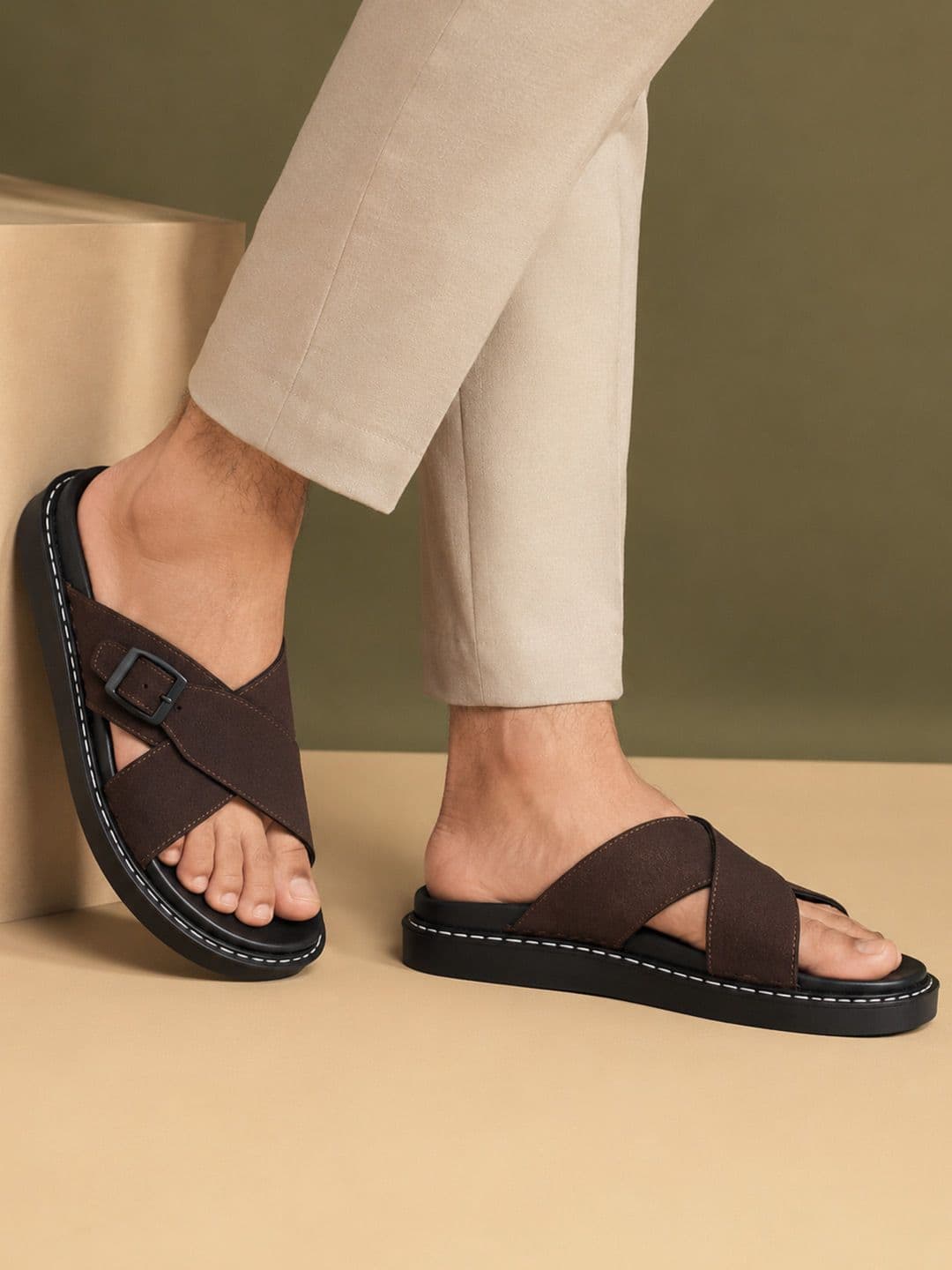 San Frissco Men Brown Cross Strap Sandals With Durable Sole And Comfort Insole - view 1