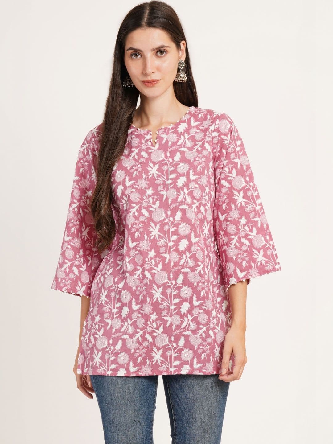 Sangria Floral Printed Pure Cotton Round Neck Straight Kurti - view 1