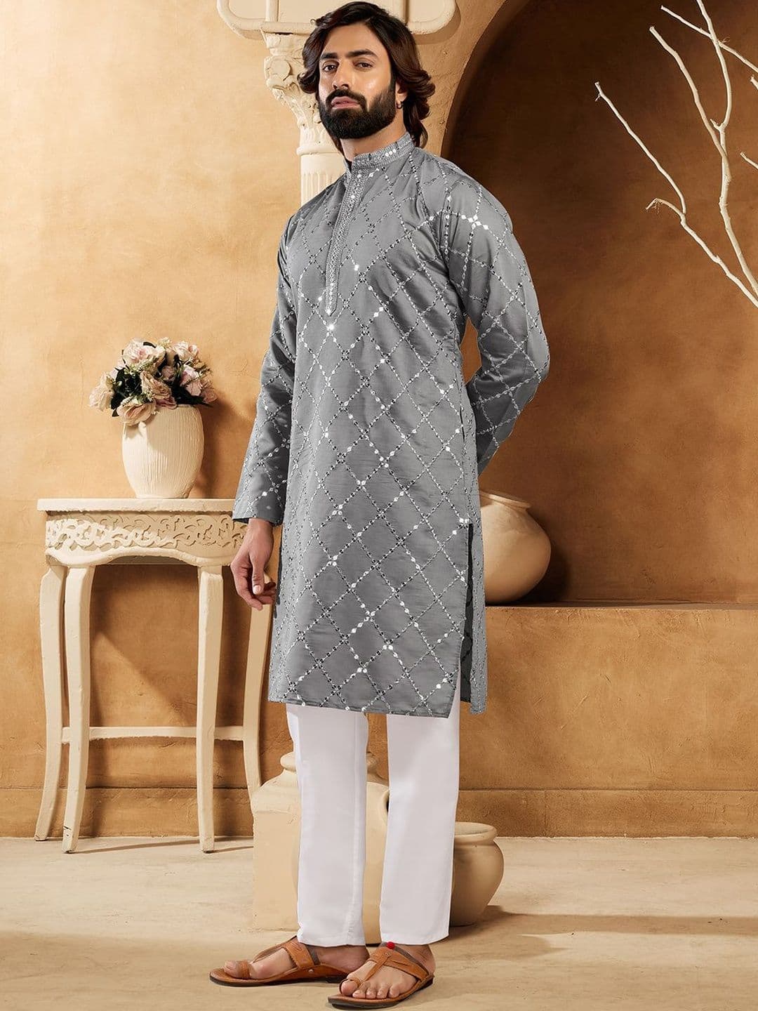 House of Pataudi Embellished Cotton Mandarin Collar Knee Length Straight Kurta - view 1