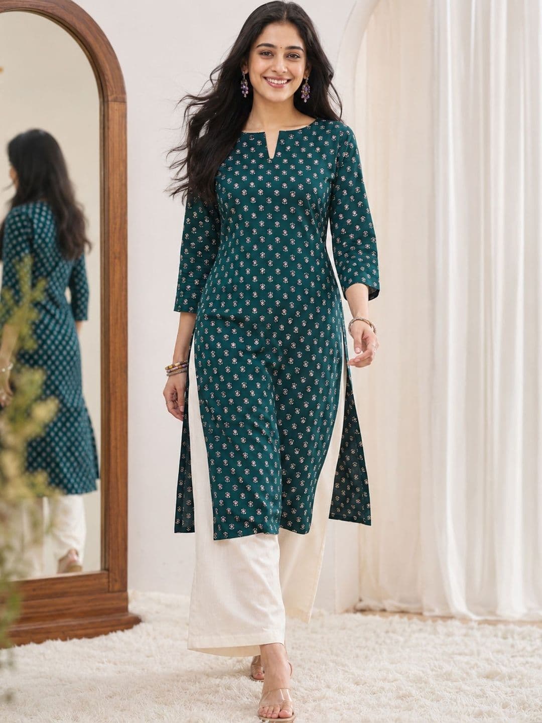 Sangria Printed Cotton Keyhole Neck Calf Length Straight Kurtas - view 1
