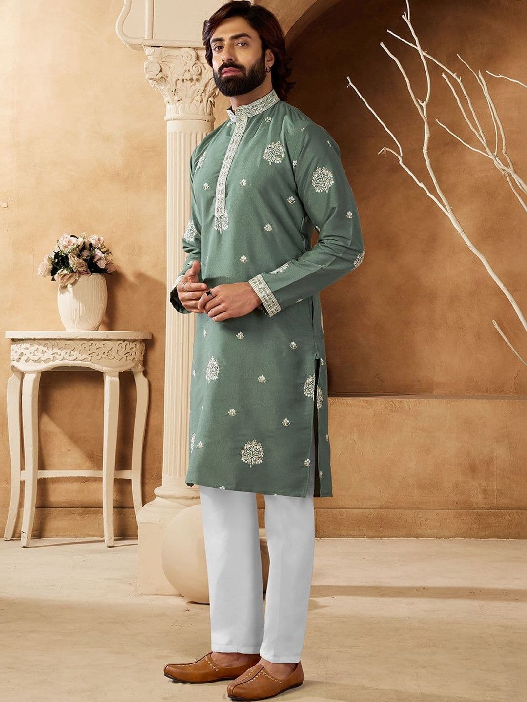House of Pataudi Embroidered Cotton Band Collar Knee Length Straight Kurtas - view 1