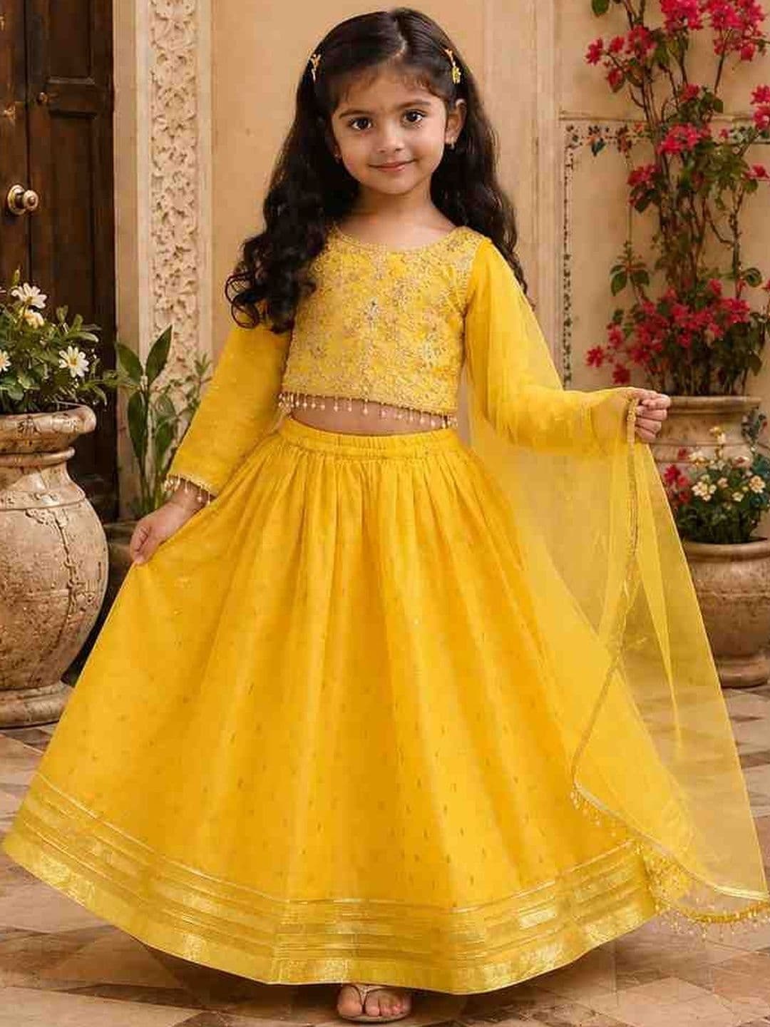 KALINI Girls Embroidered Mirror Work Tie and Dye Ready to Wear Lehenga & Blouse With Dupatta - view 1