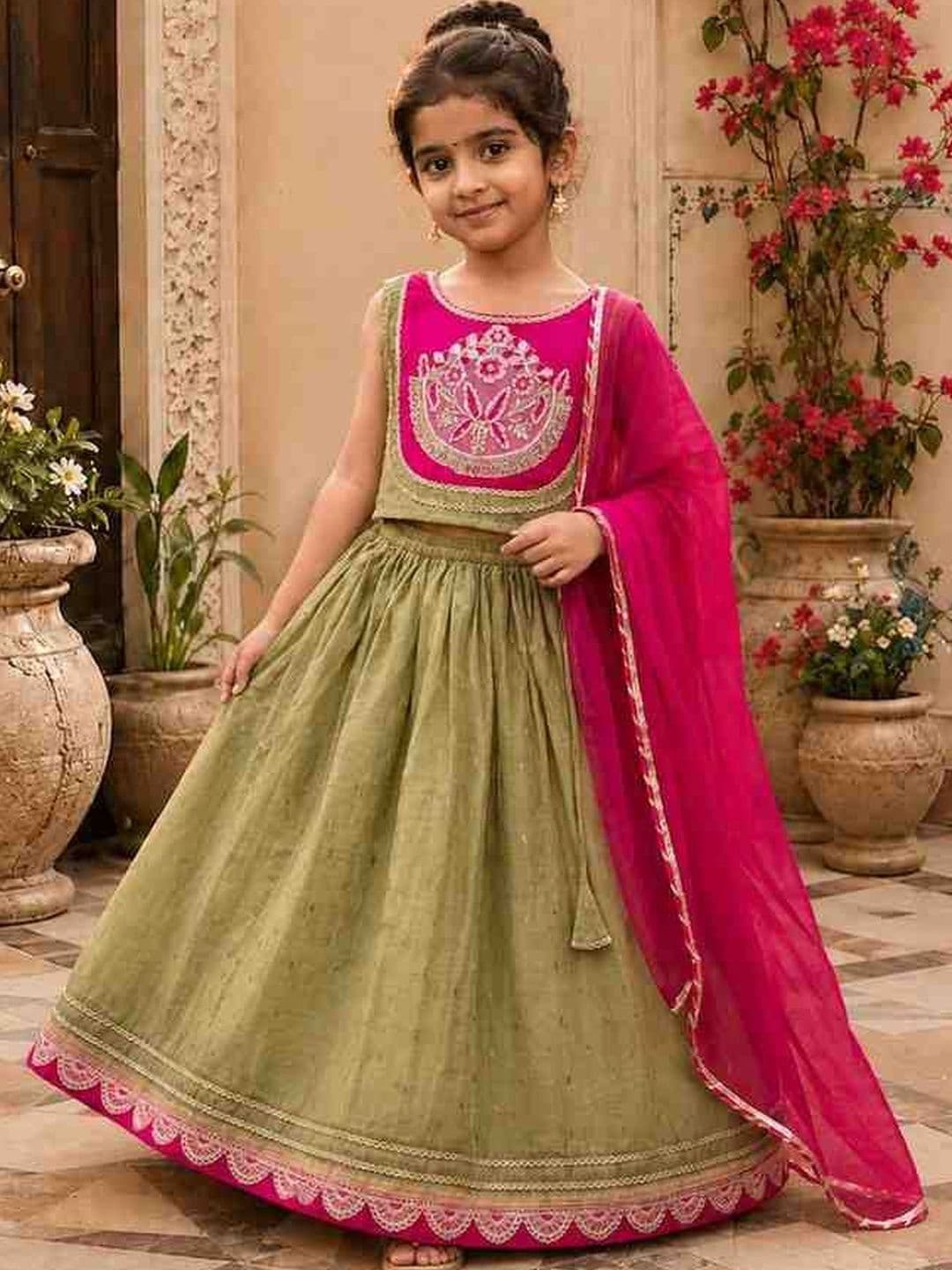 KALINI Girls Embellished Thread Work Tie and Dye Ready to Wear Lehenga & Blouse With Dupatta - view 1