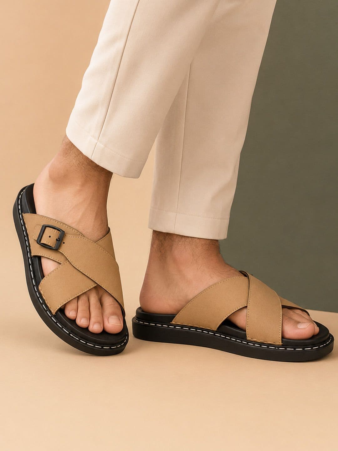 San Frissco Men Beige Cross Strap Sandals With Durable Sole And Comfort Insole - view 1