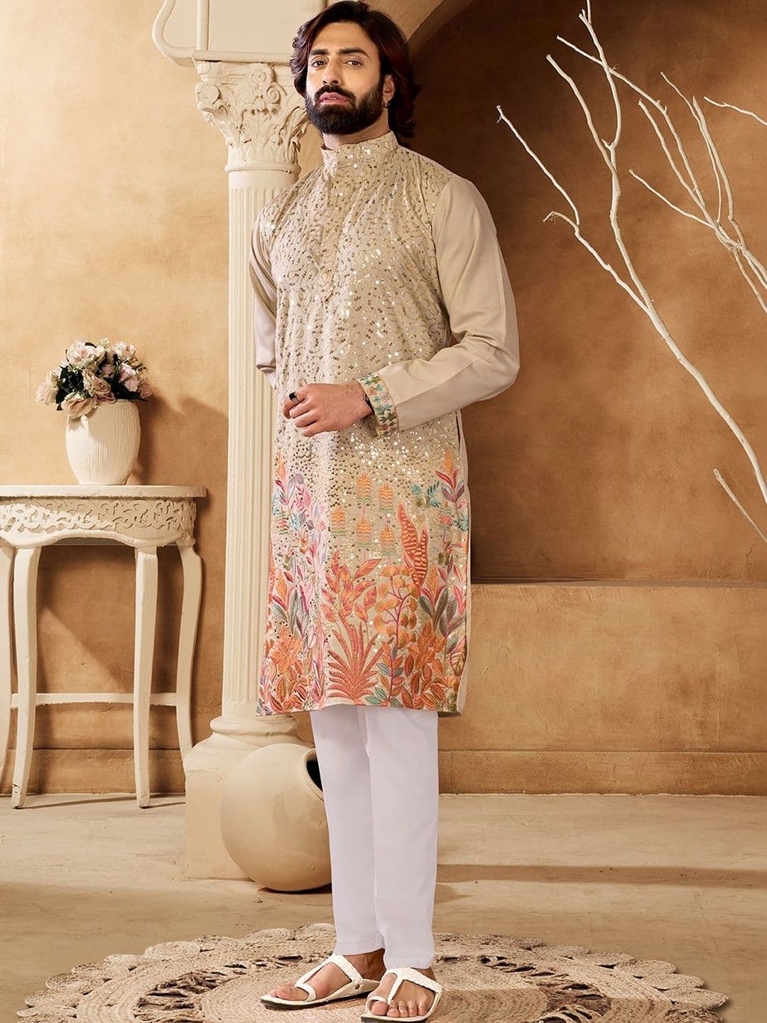 House of Pataudi Embellished Cotton Mandarin Collar Knee Length Straight Kurtas - view 1