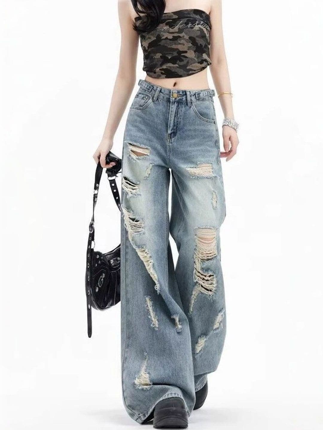 StyleCast x Revolte Women Wide Leg Mid-Rise Highly Distressed Heavy Fade Jeans - view 1